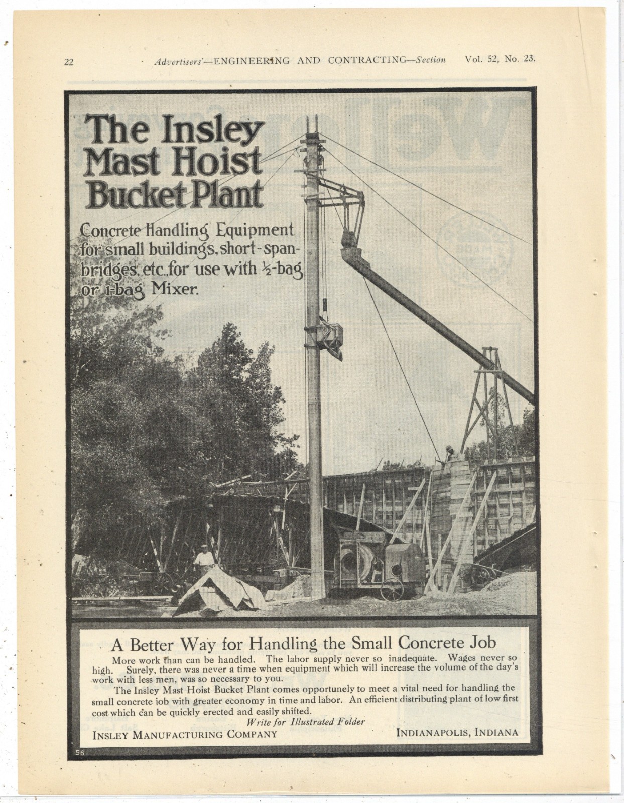 1919 Insley Mfg. Co of Indianapolis Ad: Mast Hoist Bucket Plant for Construction