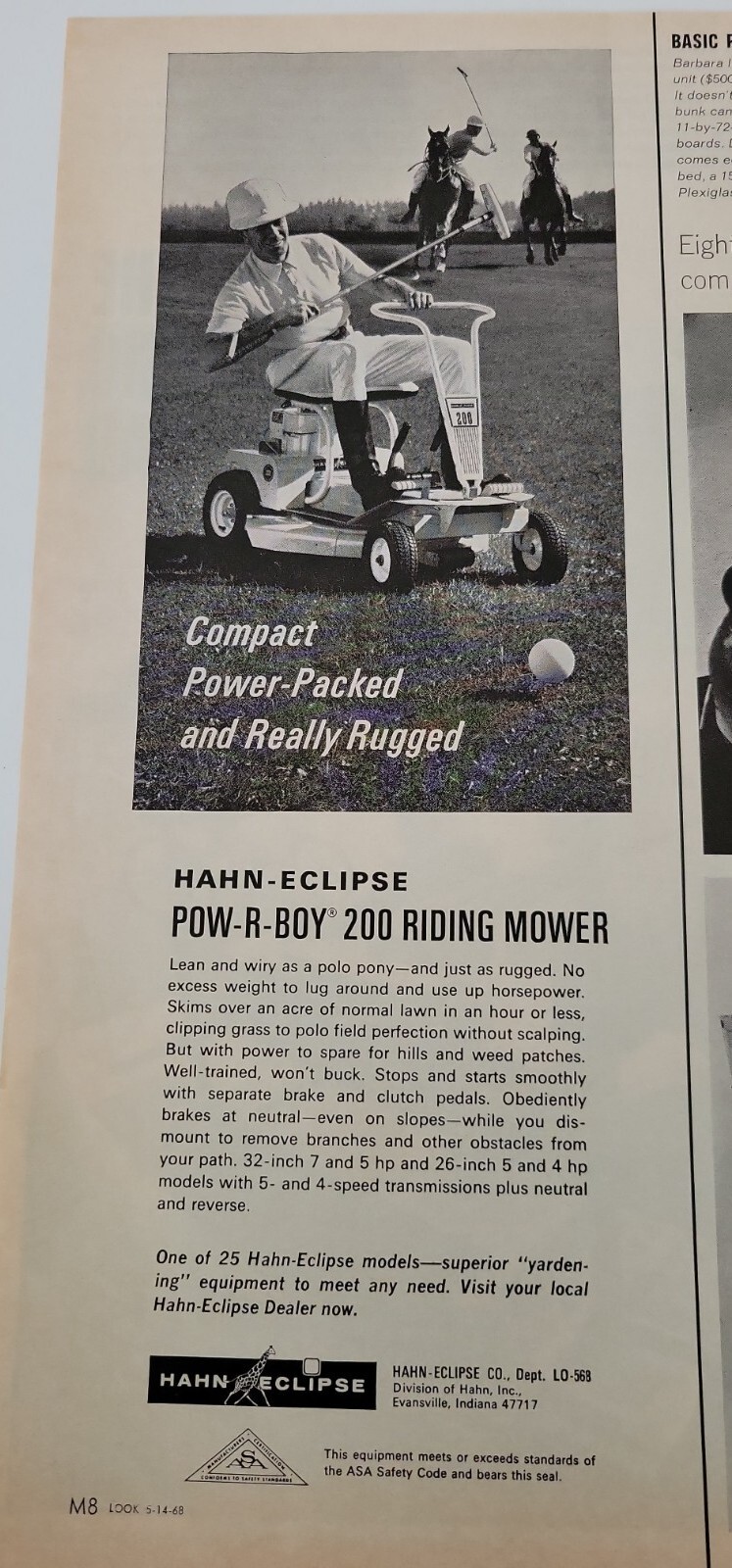 1968 Eclipse lawn mower man mowing game horse polo vintage ad