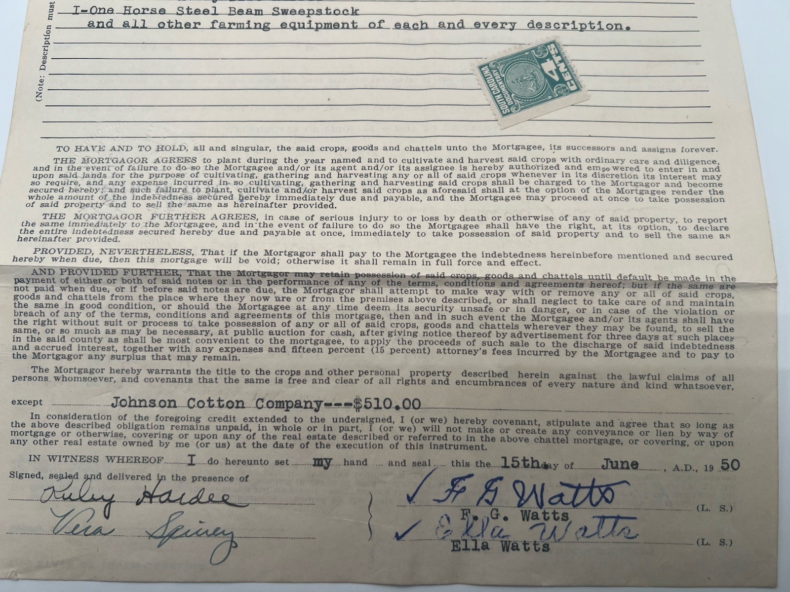 1950 SC Crop Mortgage Johnson Cotton Co Mule Cow Horry County # 1154