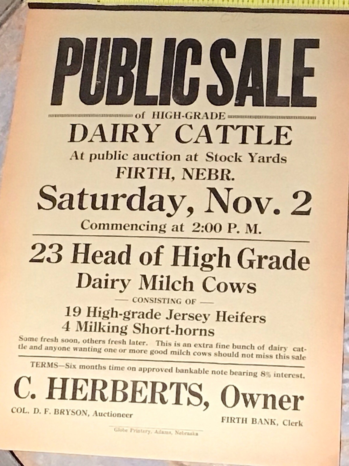 Public Sale Poster Sign – Dairy Cattle Firth Nebraska Advertising C Herberts