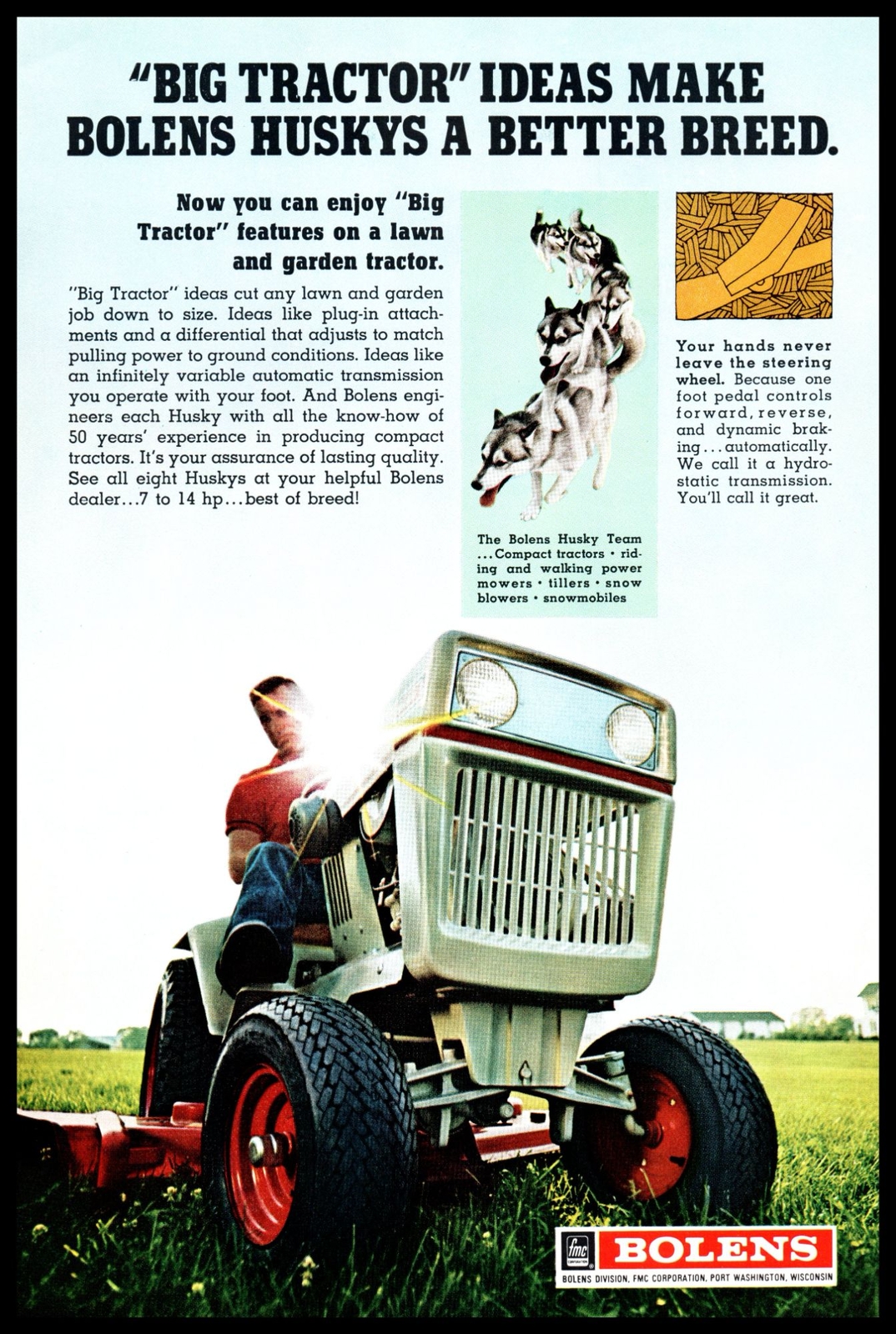 1970 Bolens Port Washington WI Husky Compact Tractor Lawn Mower Vintage Print Ad