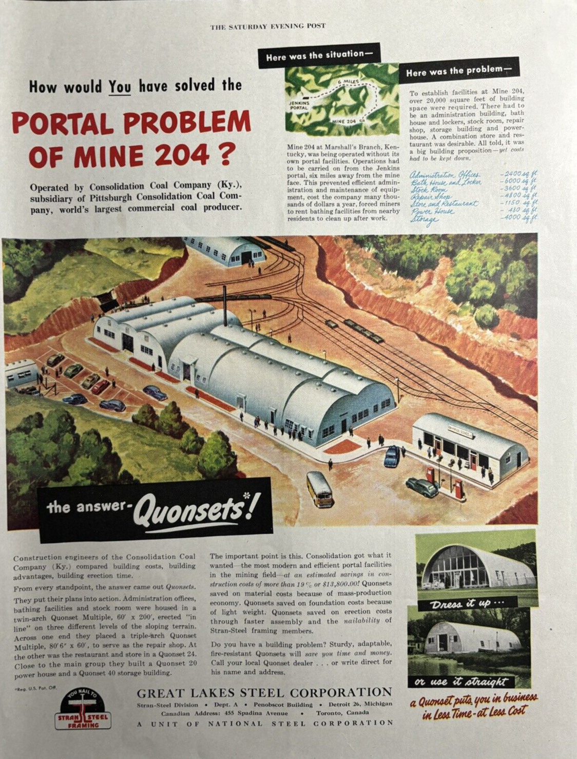 1948 Great Lakes Steel Corp Quonsets Portal Problem Mine Detroit VTG Print Ad