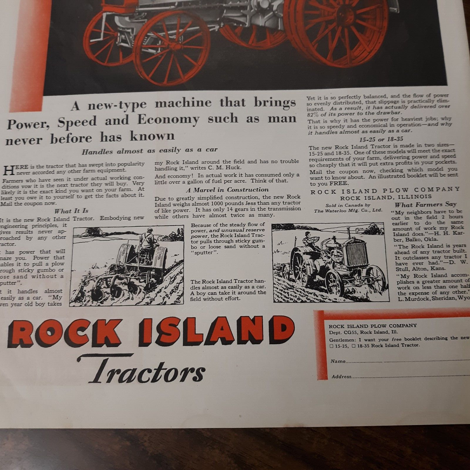 1929 Rock Island Tractor Full Page Color Ad great for framing