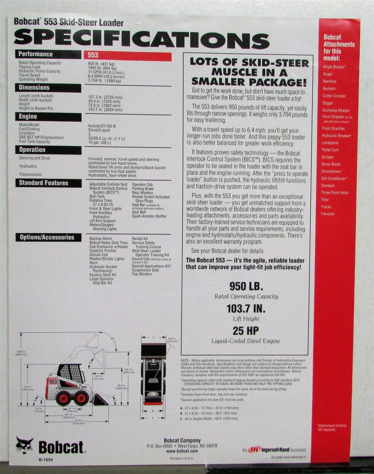 1999 Bobcat Skid Steer Loader 553 Construction Specs Sales Data Sheet