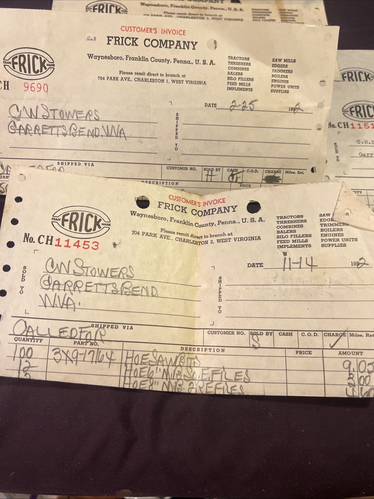 frick company waynesboro pa Invoices 1952