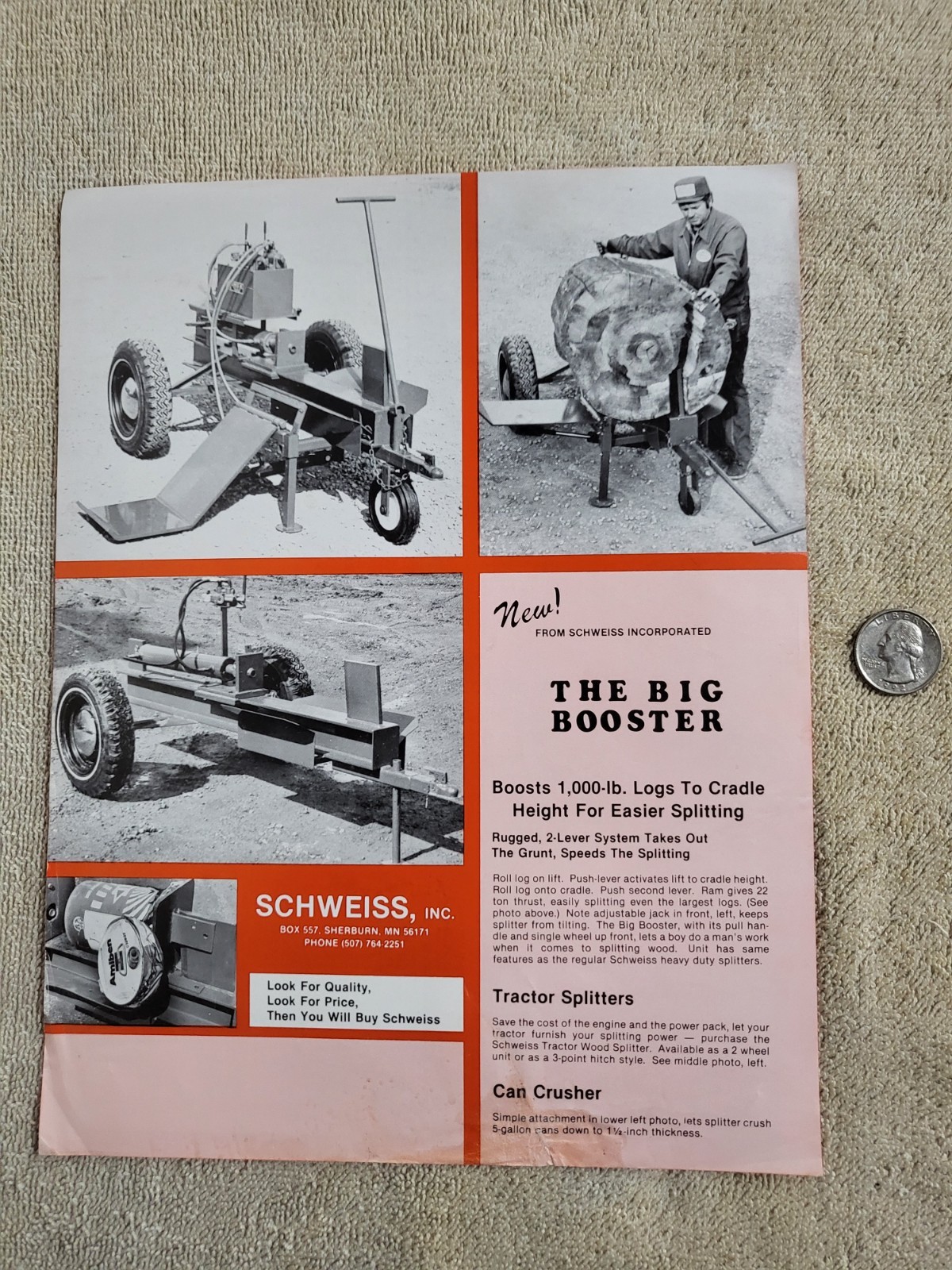 Vintage 1970s SCHWEISS SALES BROCHURE Wood Log Splitter Tractor Can Crusher