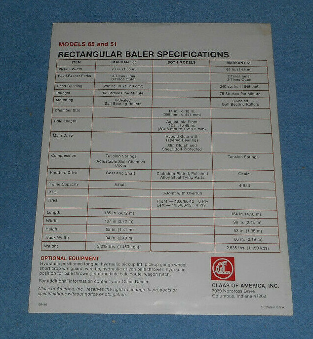 Claas Rectangular Balers Markant Models 65 51 Advertising Sheet Specs