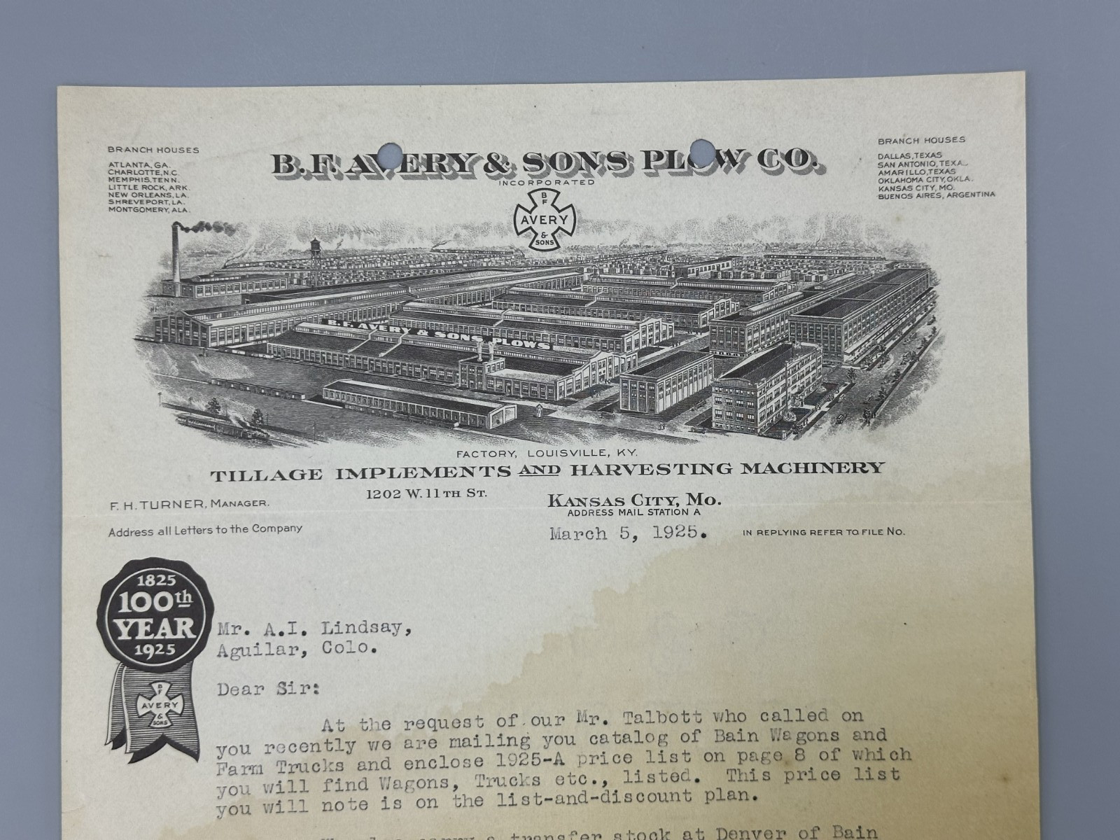 1925 B F AVERY PLOW Letter FARM Advertising KANSAS CITY MO Antique BAIN WAGONS