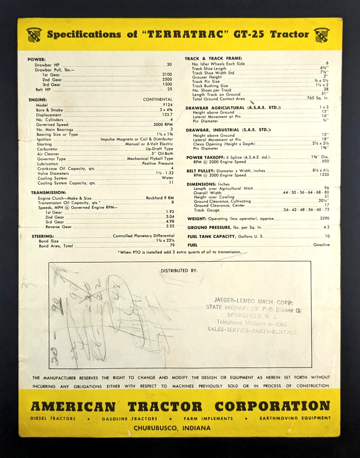 Terratrac GT-25 Vintage Brochure Bulldozer Crawler American Tractor Corporation