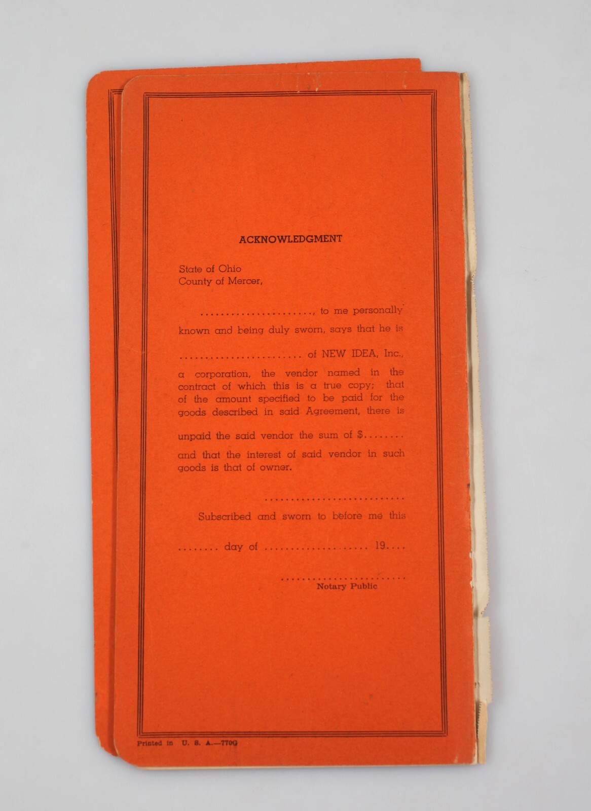 Vintage 1946 New Idea Farm Equipment Sales Contract Harvard Illinois