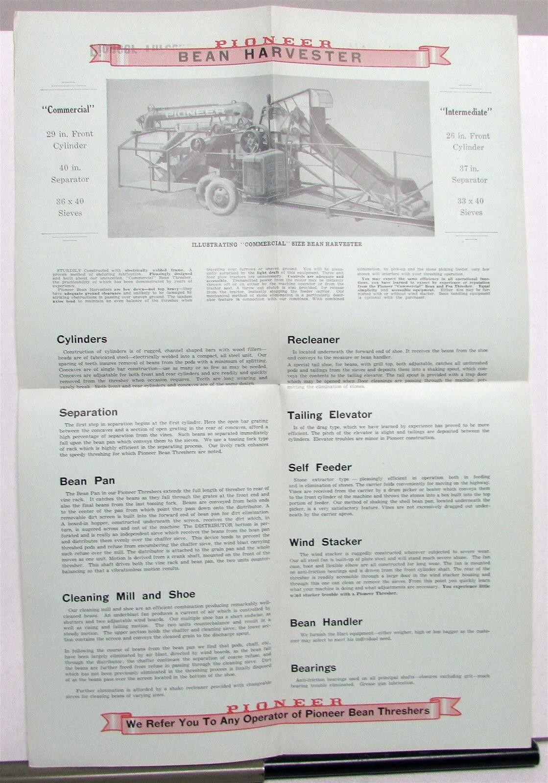 1930s Pioneer Bean & Pea Threshers Specifications Agricultural Sales Brochure