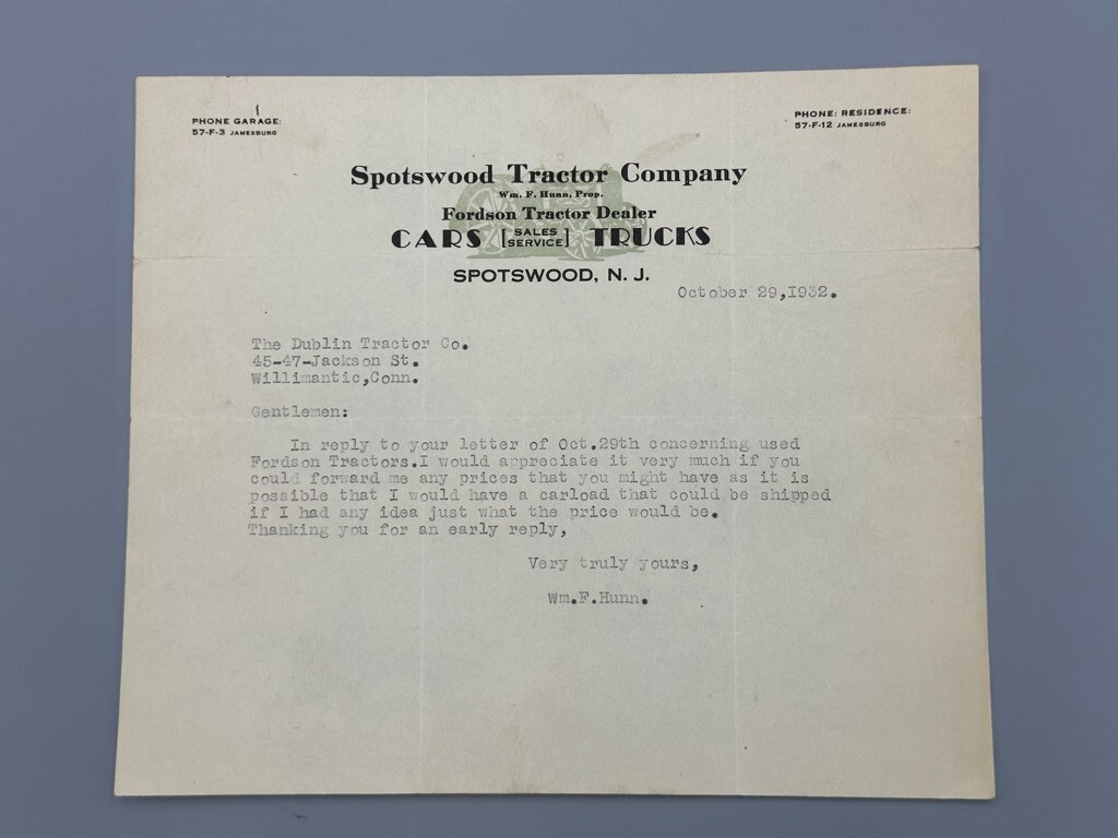 1932 FORDSON TRACTOR Farm Machinery SPOTSWOOD NJ Advertising Antique Letterhead
