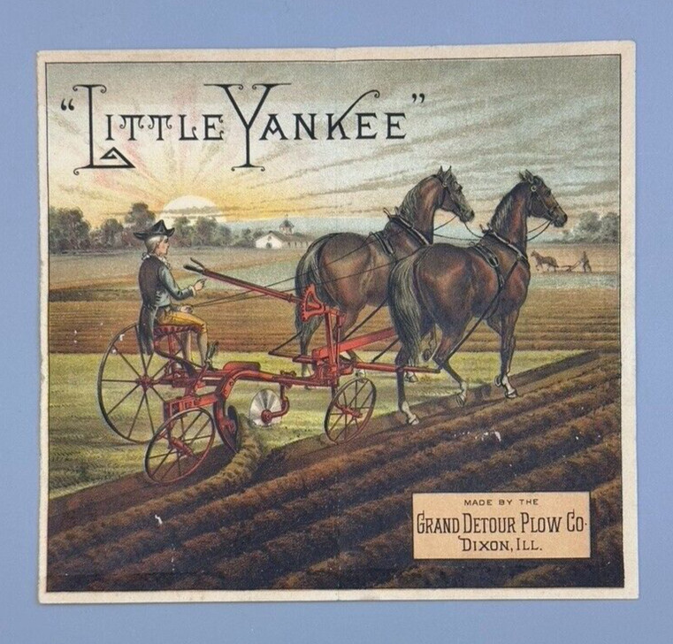 1888 GRAND DETOUR PLOW Little Yankee FARM Antique Advertise TRADE CARD Dixon IL