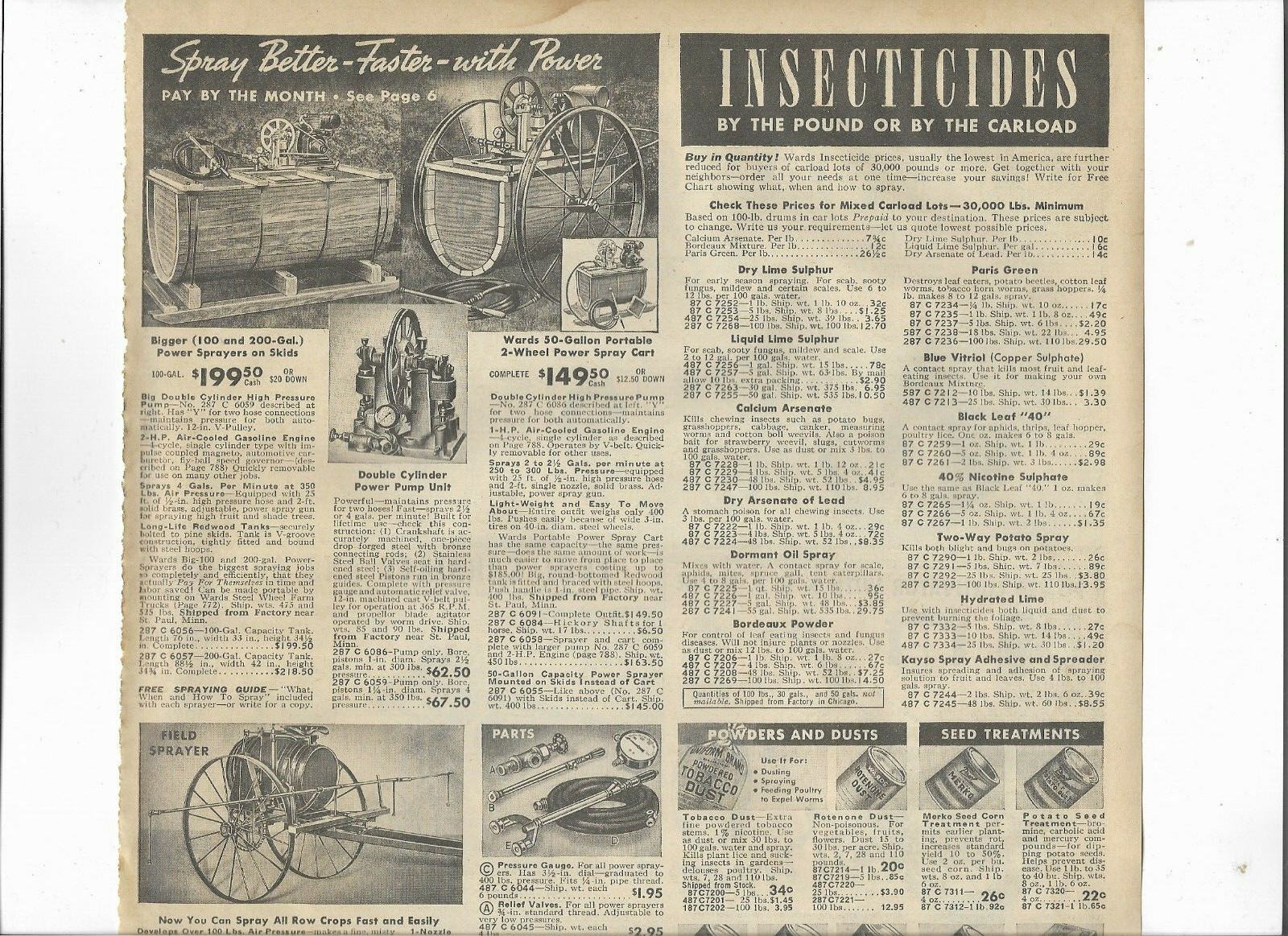 1938 Wards Catalog Ad Page Garden Tractor Cultivator Power Sprayer Tool Carriage