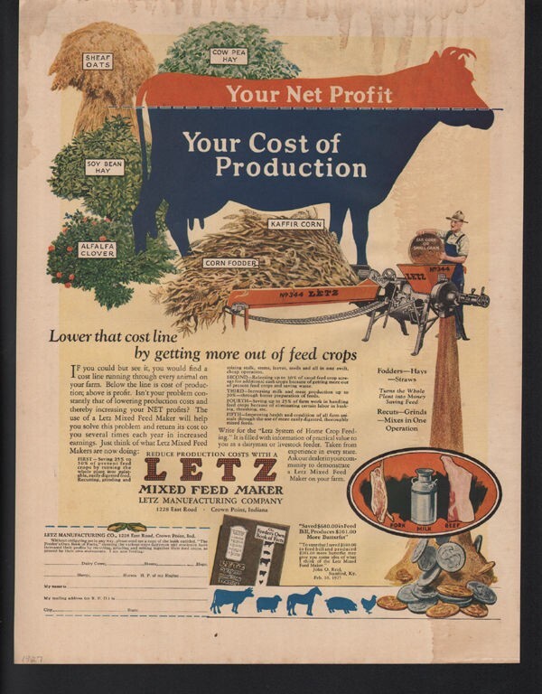 1926 LETZ DIXIE MIXED FEED MAKER FARM CONSTRUCTION BEEF STEER COW GRAIN 20844