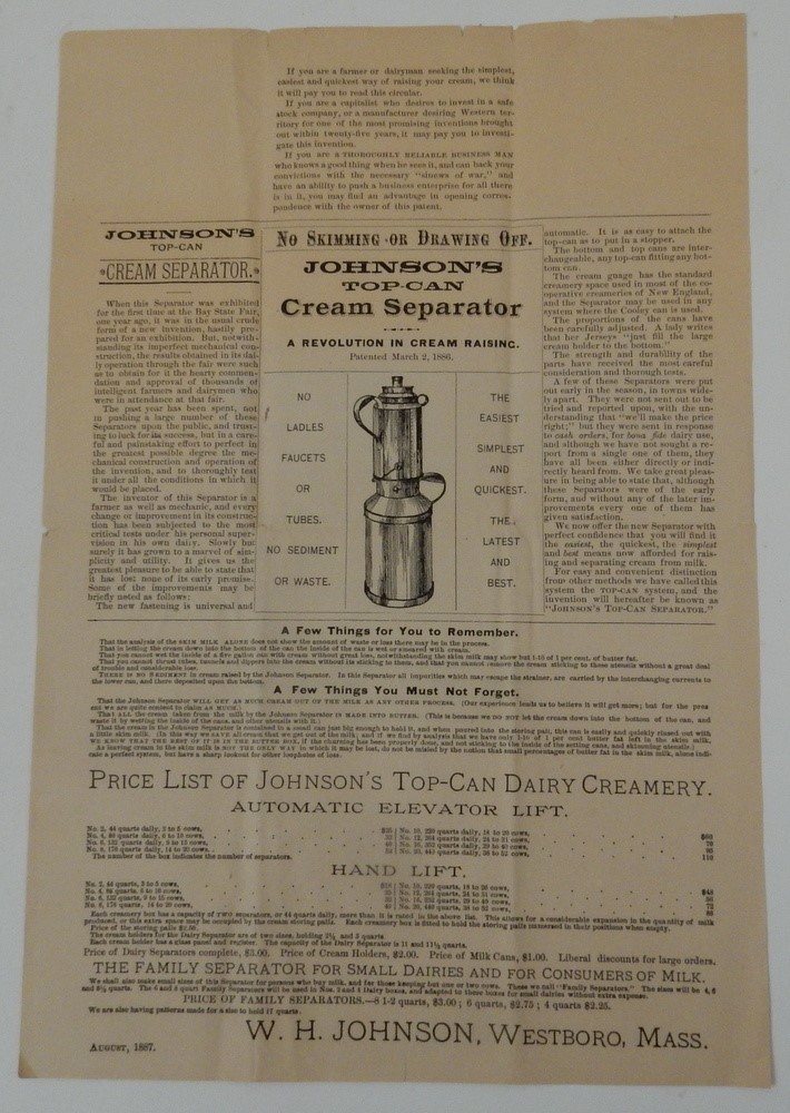 1887 JOHNSON&rsquo;s Top-Can DAIRY CREAMERY Cream Separator broadside WESTBORO MA milk