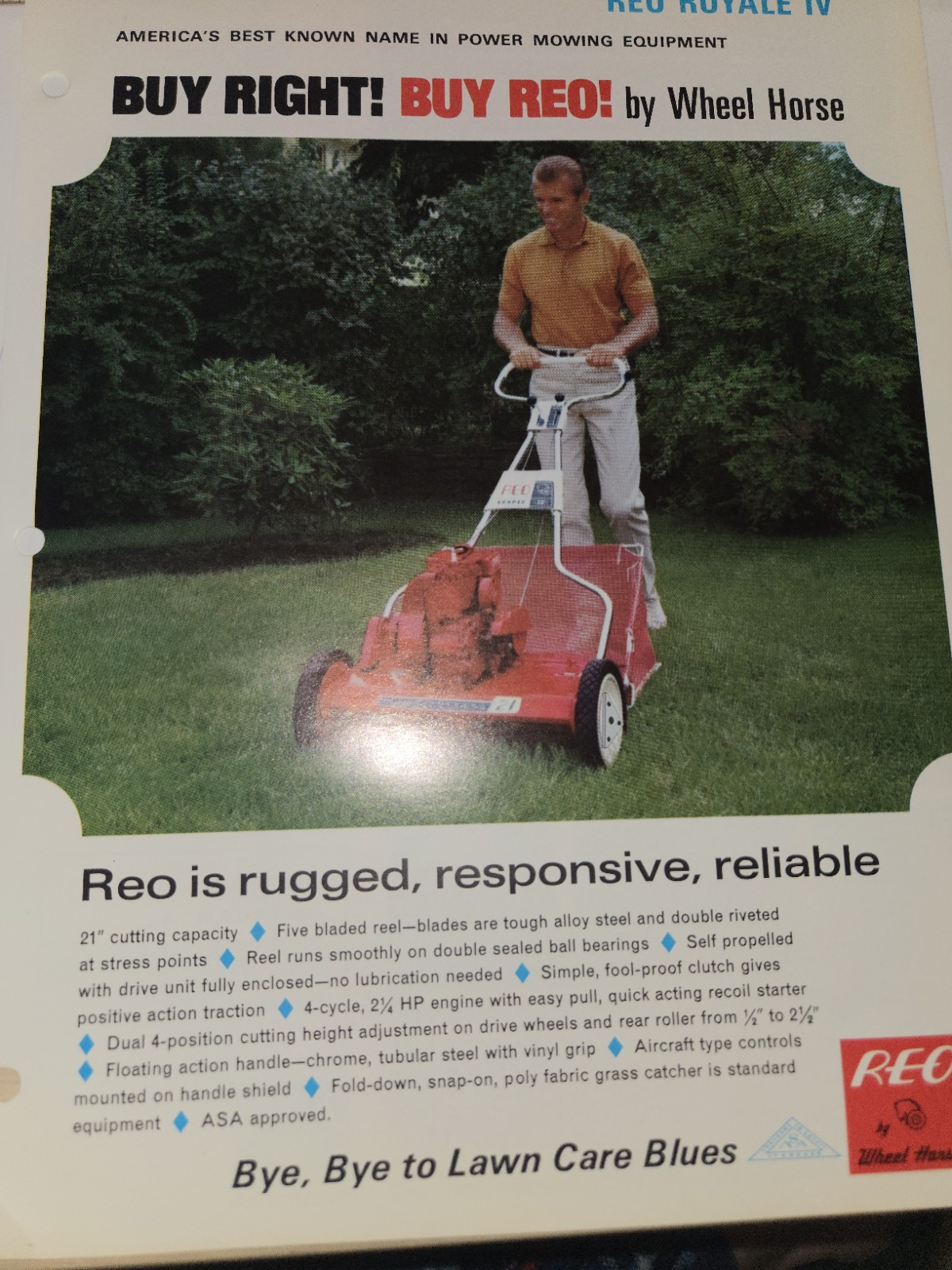 1960s REO WHEEL HORSE ROYALE IV DEALER AD WITH SPECIFICATIONS DOUBLE SIDED