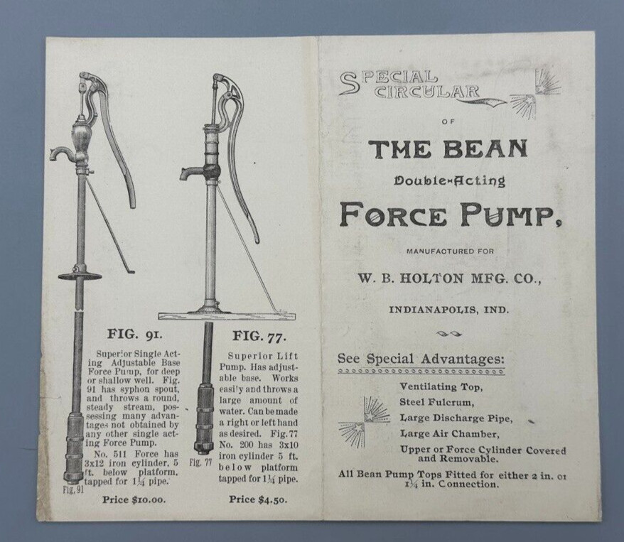 c 1880 BEAN&rsquo;s Water Force PUMP Holton Mfg Antique FARM Advertising INDIANAPOLIS