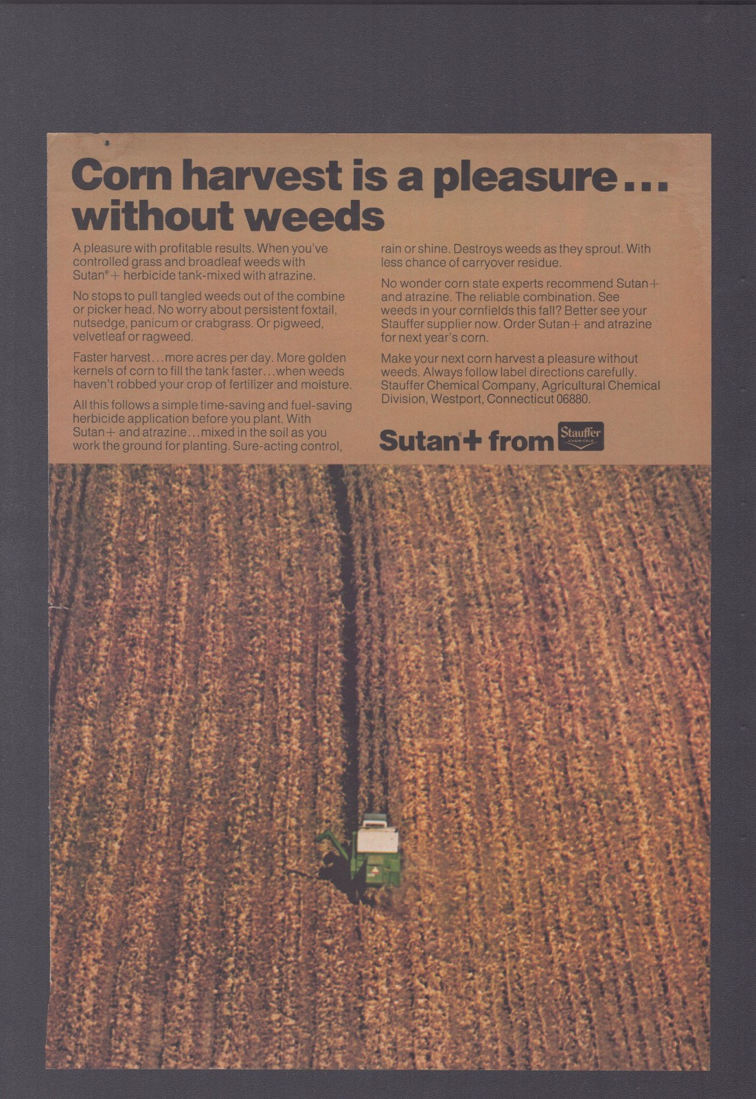 1974 Print Ad Stauffer Chemicals Sutan+ Corn Harvest is a Pleasure Without Weeds