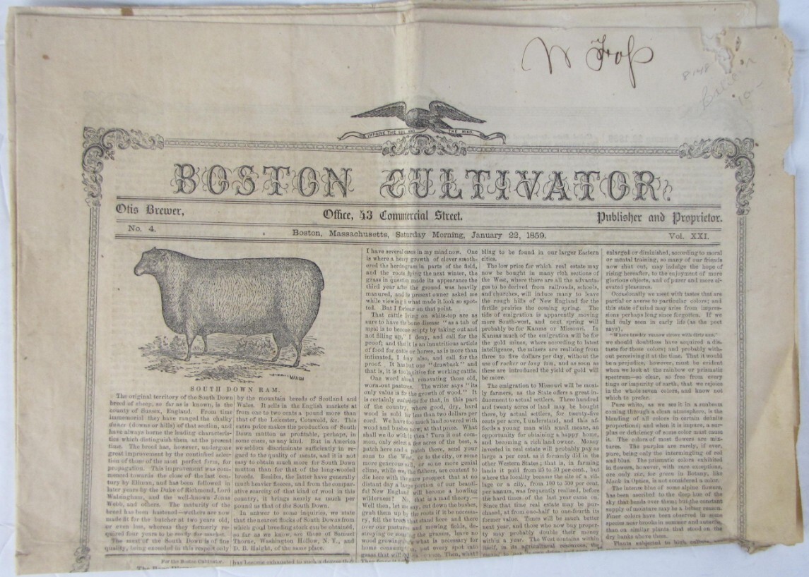 Antique 1859 Boston Massachusetts Farm News Newspaper