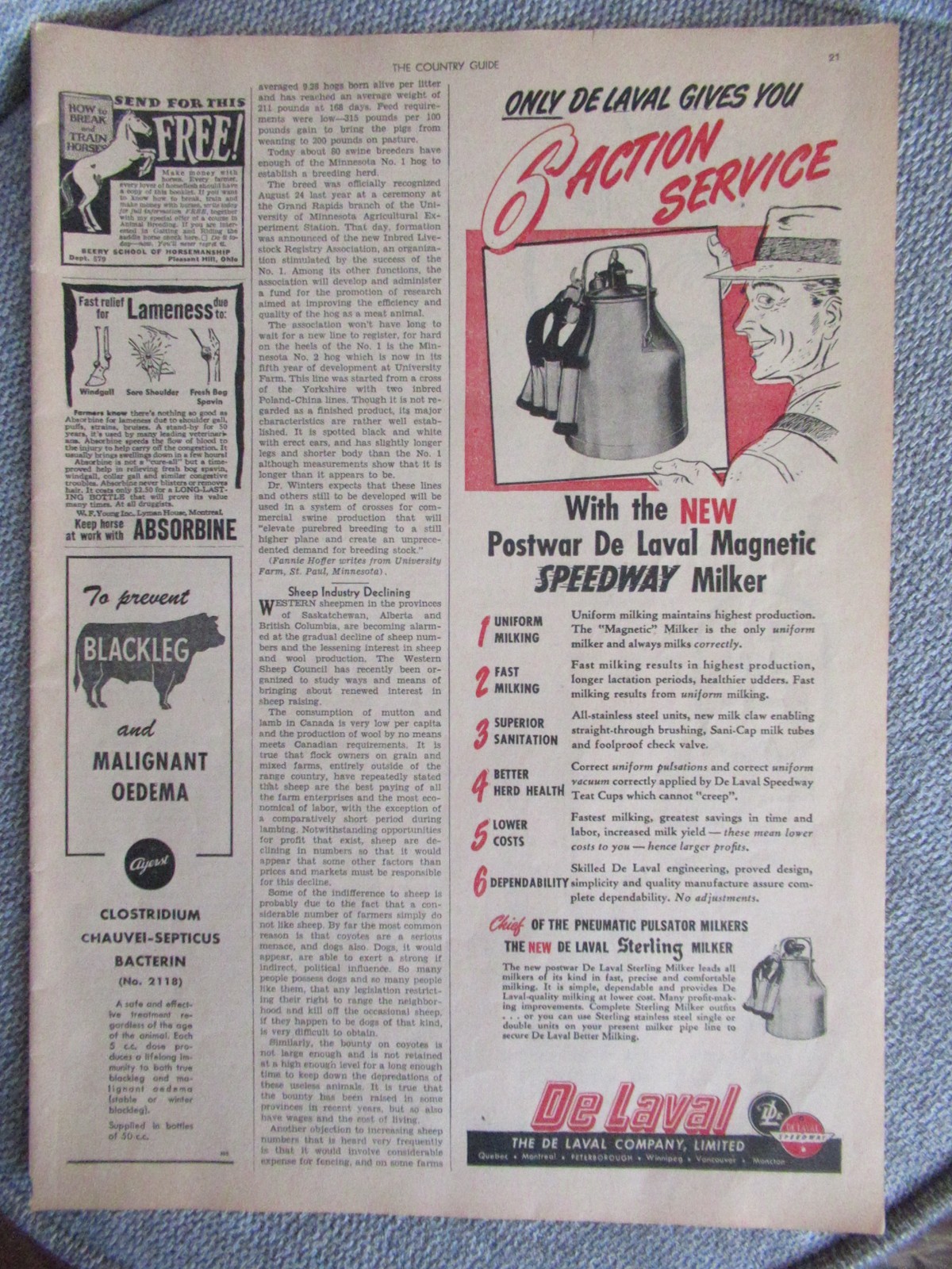 1947 Print Ad DeLaval De Laval Sterling Speedway Milkers Vintage 14×5&Prime;