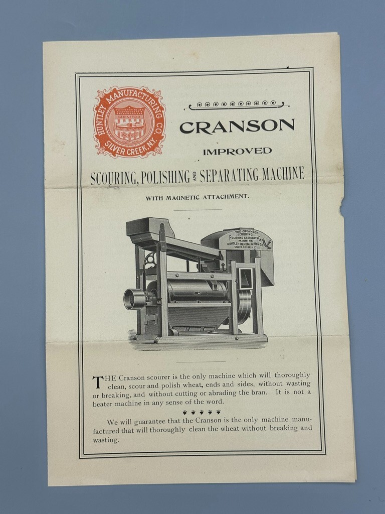 c 1900 HUNTLEY Mfg CRANSON WHEAT MACHINE Silver Creek NY Farm Advertising Antque