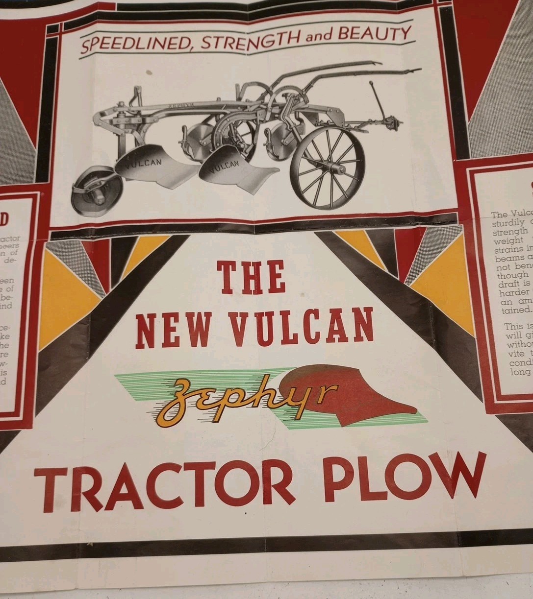 Vtg 1939 Vulcan Zephyr Tractor Plow Fold Out Color Poster Brochure Mansfield Oh