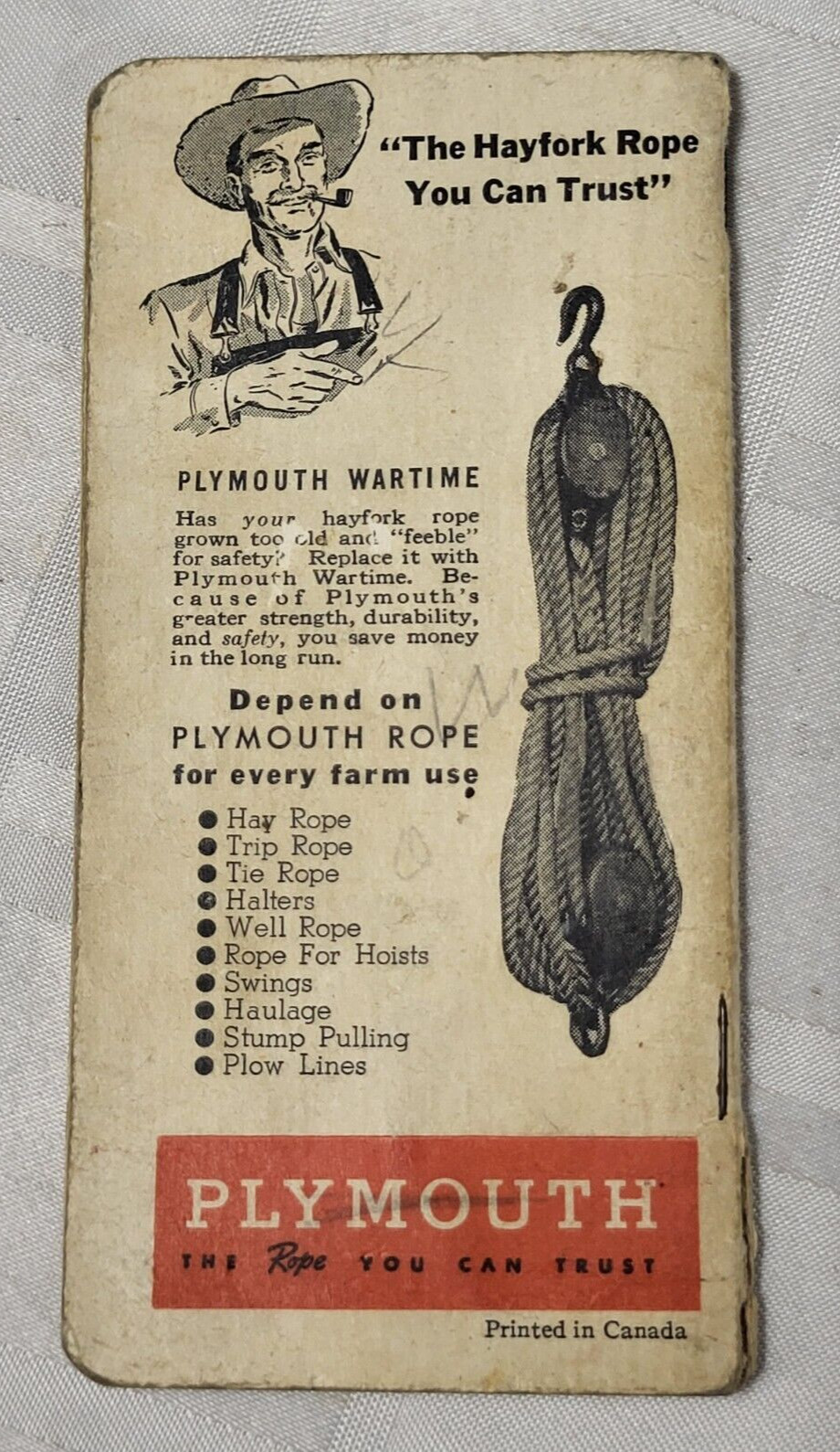 1940&rsquo;S PLYMOUTH TWINE POCKET NOTEBOOK CALENDAR ANTIQUE ADVERTISING FARMING ROPE