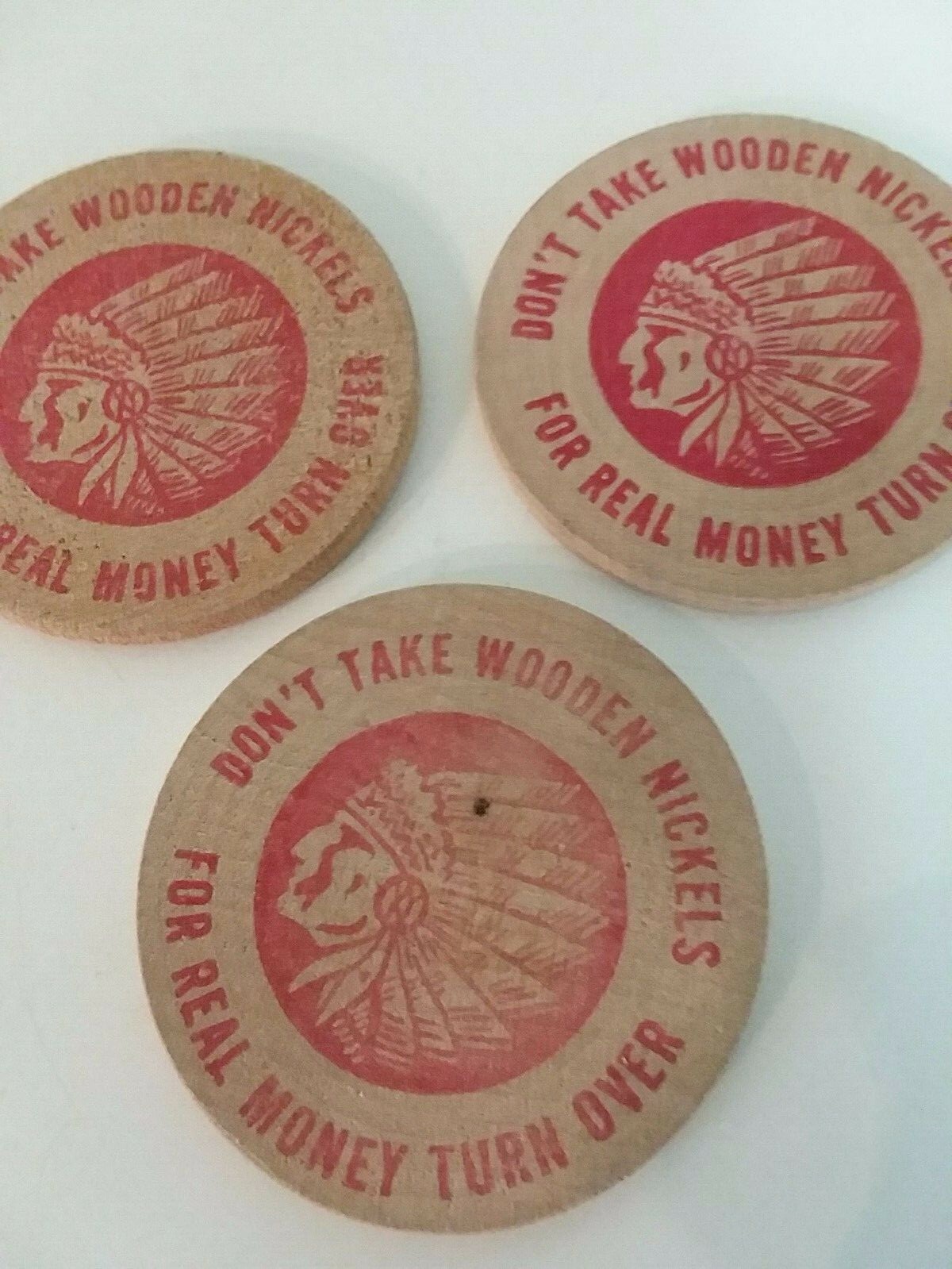 Lot of 3 Yazoo Mower Advertising Indian Wooden Nickel Big Wheel Deal Token Coins