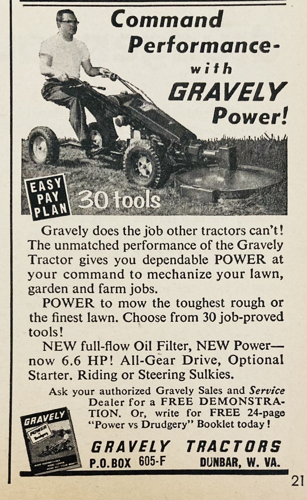 1961 AD.(XH75)~GRAVELY TRACTORS CO. DUNBAR, W. VA. GRAVELY LAWN TRACTOR