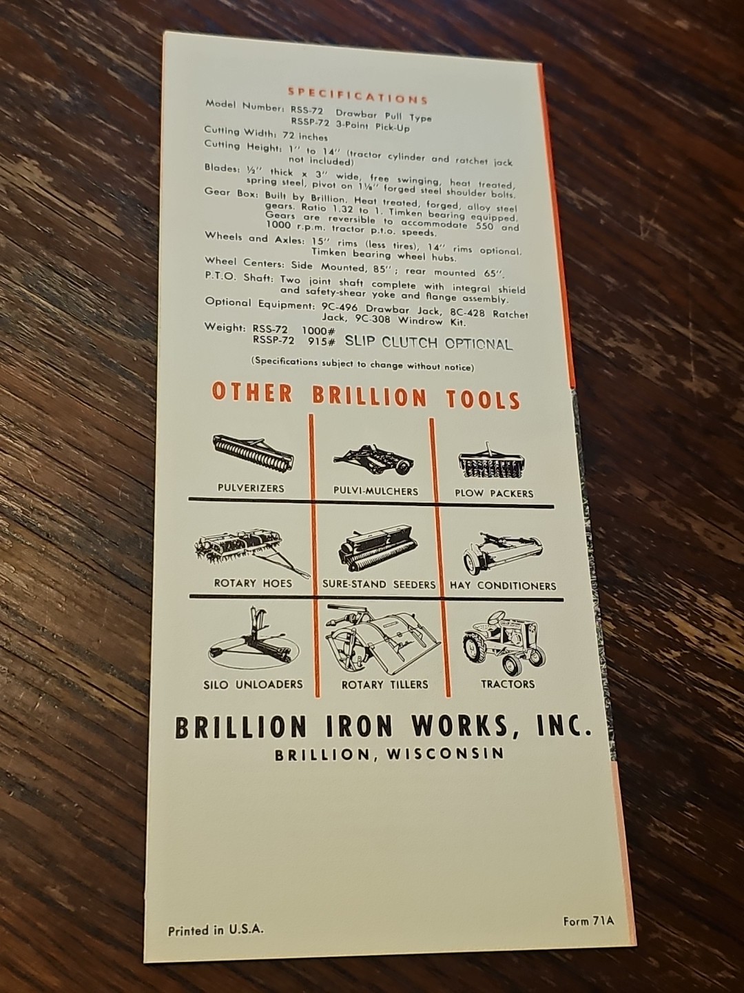 Brillion 72 Inch Rotary Cutter Dealers Sales Brochure Foldout