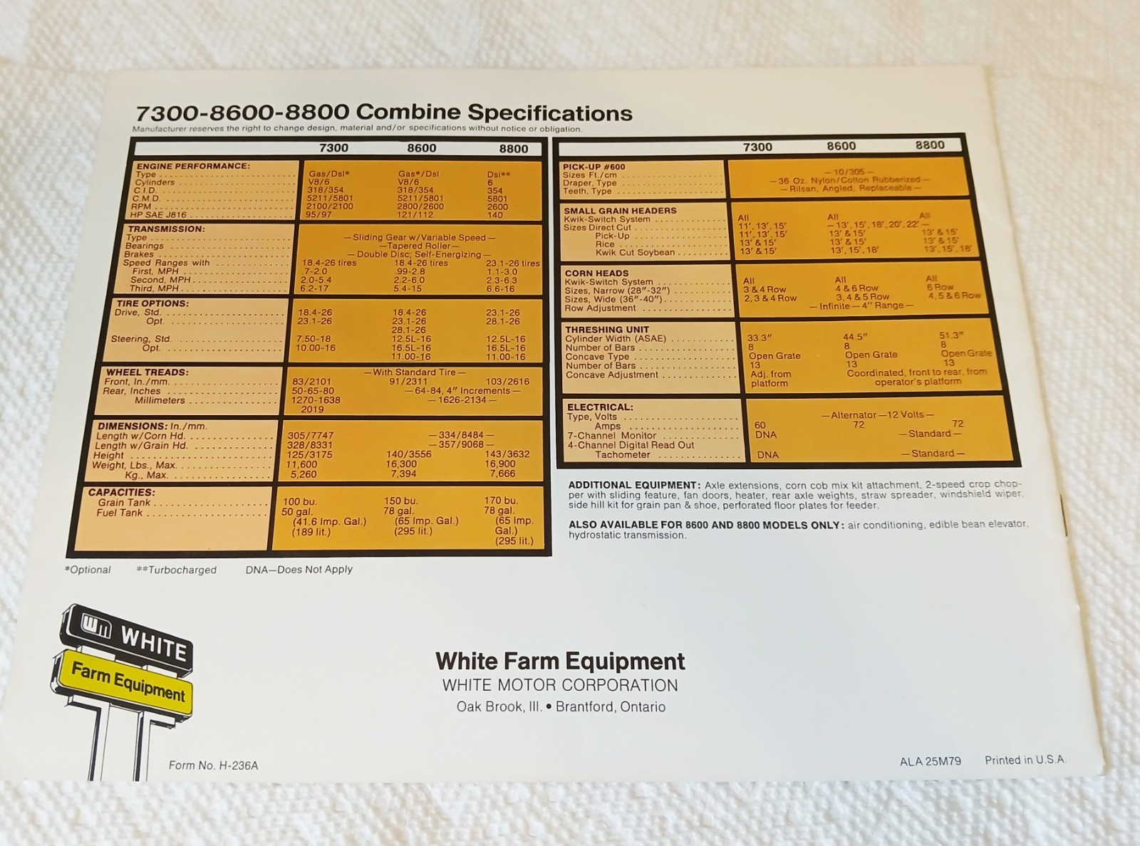White Corn & Soybean Combines Brochure Sales Literature WFE 7300 8600 8800
