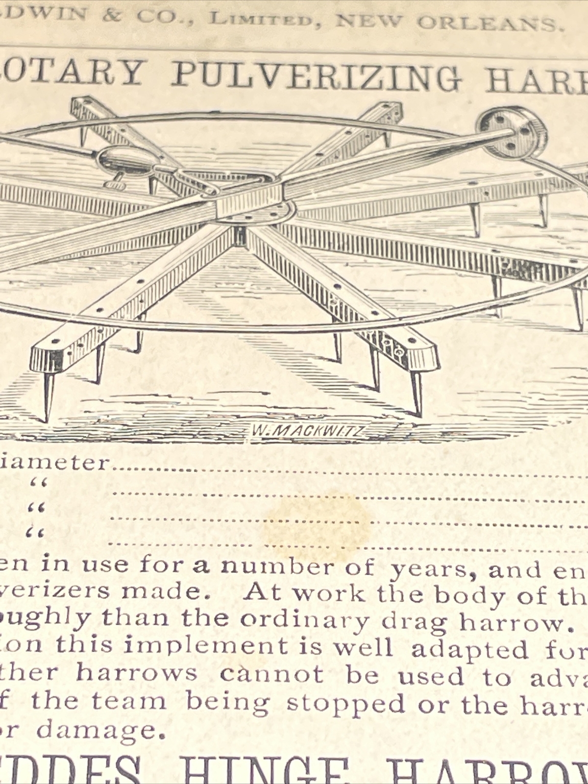 1891 Baldwin – Monroe Rotary Pulverizing Harrow Farm Advertising – New Orleans