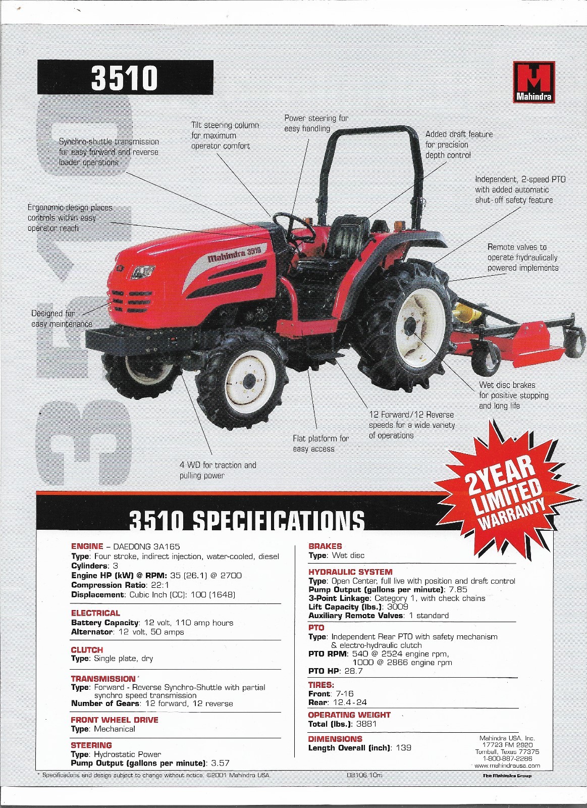 Original OE OEM Mahindra 3510 Tractor Sales Brochure Spec Specifications Sheet