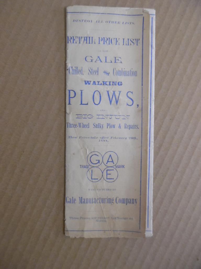 1888 Gale Plow Co Retail Price List Big Injun Sulky More Albion Michigan Antique