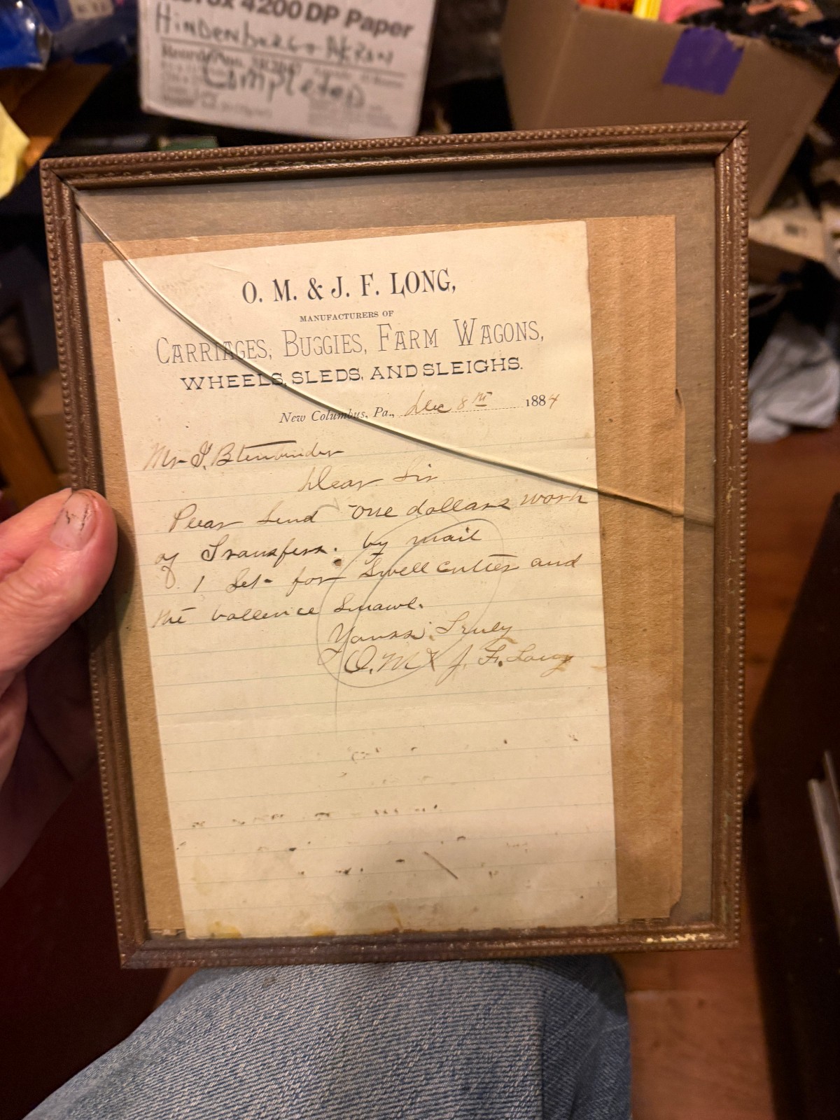 O.M. & J.F. Long Farm wagons buggies New Columbia, Pa. `1884 repair recite adv.