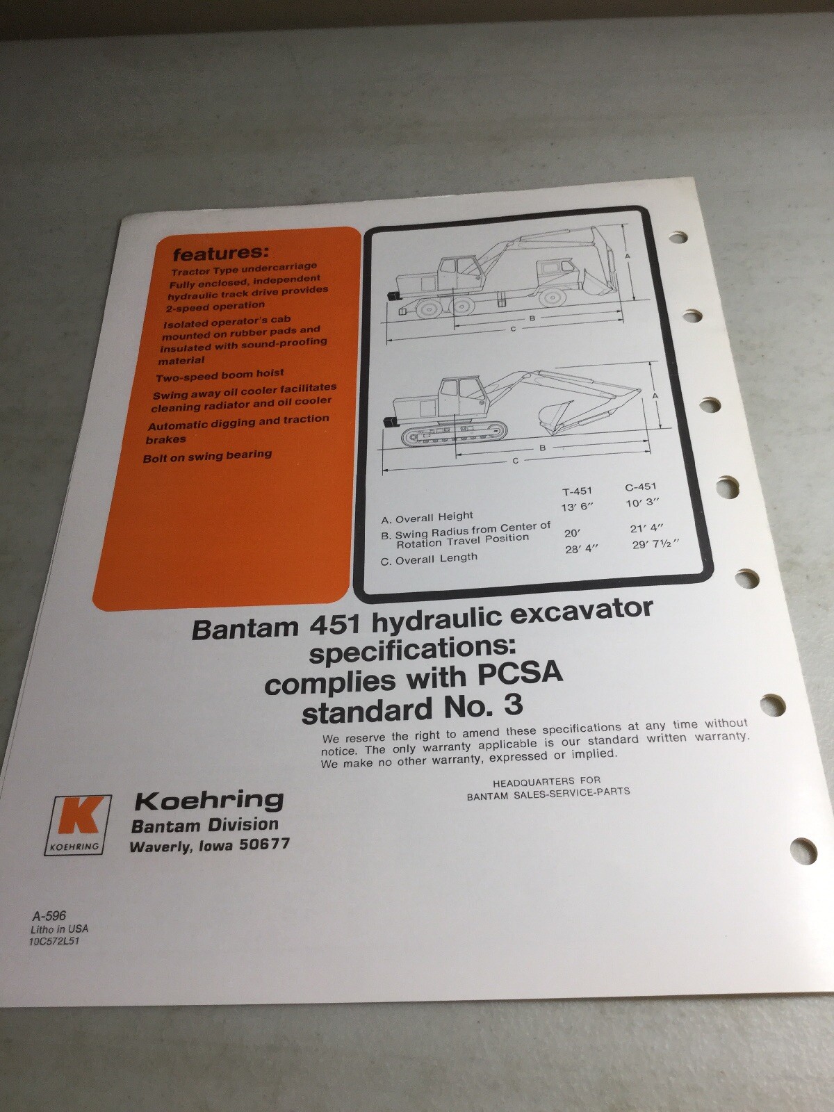 Bantam, Koehring 451 Excavator Sales Brochure, Literature