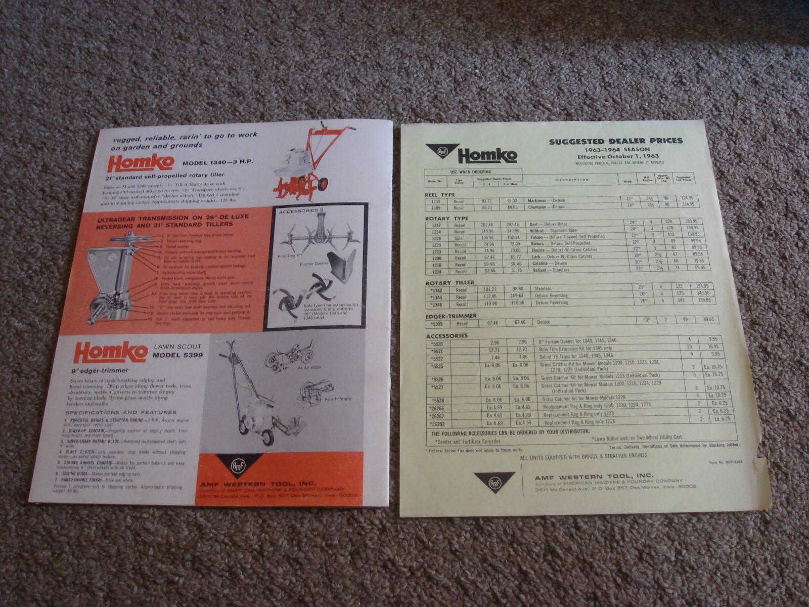 VINTAGE HOMKO 1963-1964 LAWN MOWER TRACTOR TILLER DEALER SALES BROCHURE LOT #2
