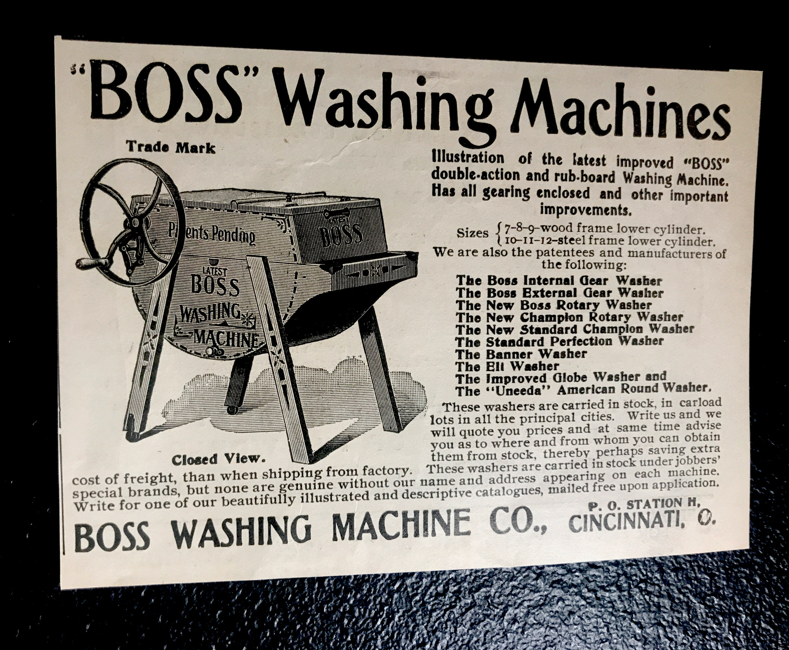 1902 Boss Washing Machine Farm Engraving Advertising – Cincinnati – Ohio