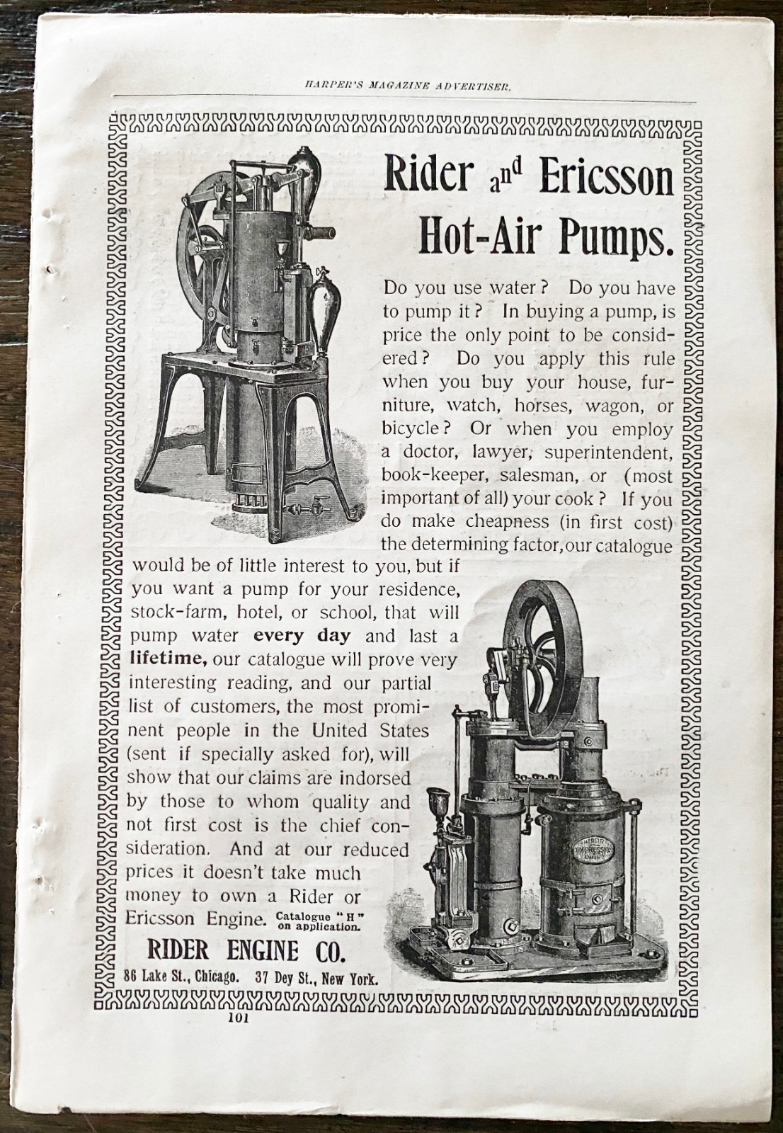 RIDER and ERICSSON Hot Air Pumps Antique 1896 Old Farming Water Engine Print Ad