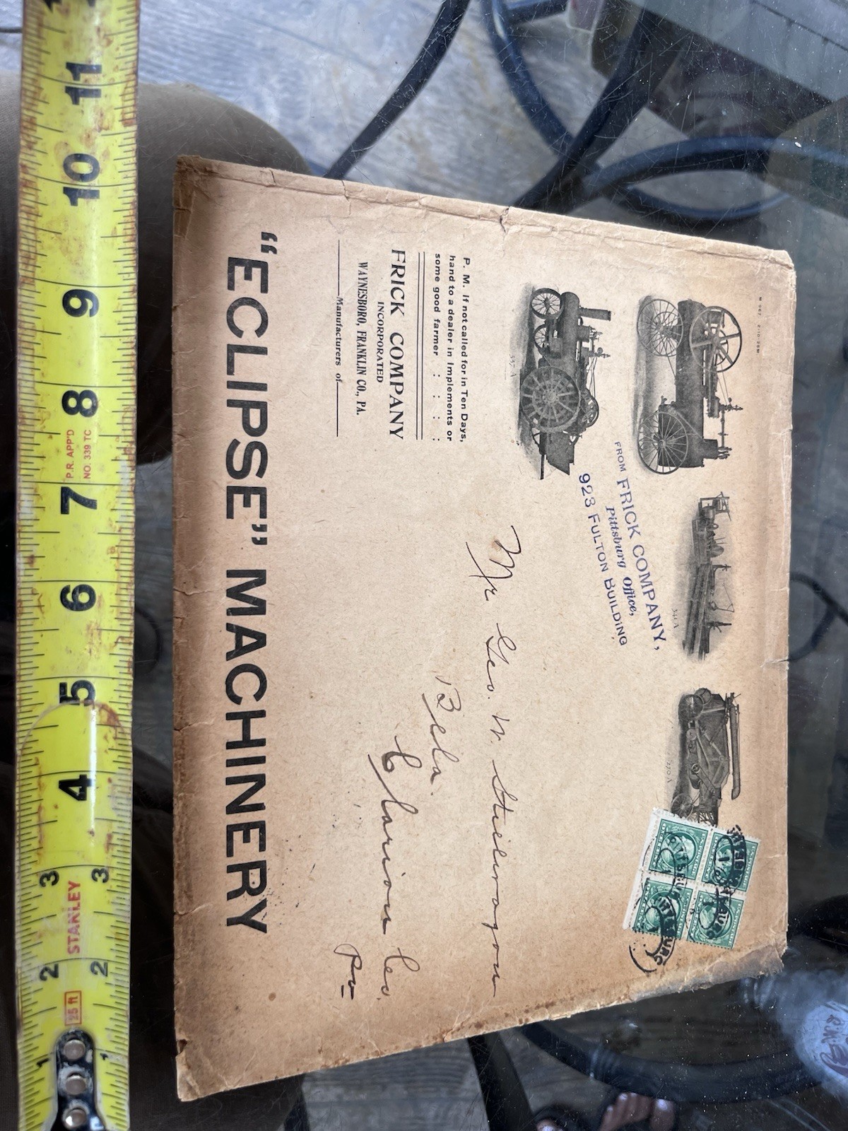 Antique Frick Eclipse Steam Tractor Engine Large Envelope, Bela Pa. Clarion Co.