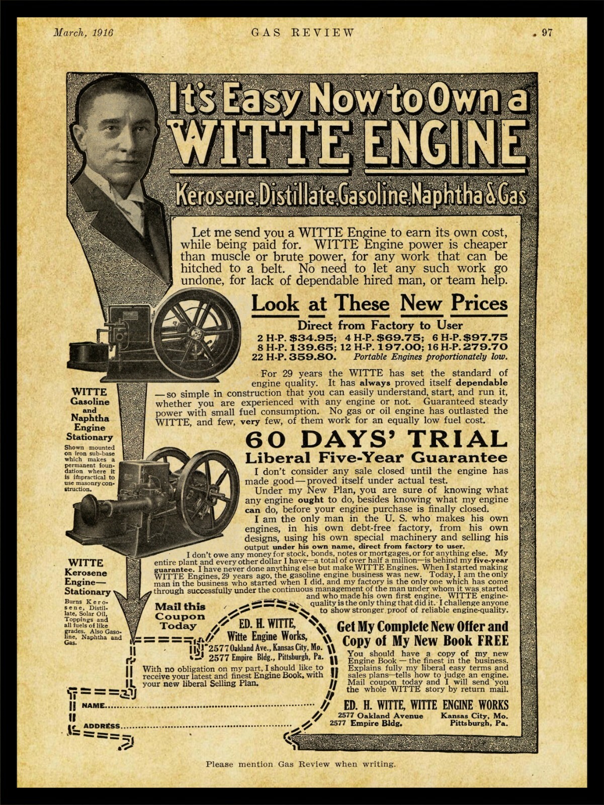 1916 Witte Engine Works of Kansas City NEW Metal Sign – 24&Prime; x 30&Prime; STEEL – 7lbs.