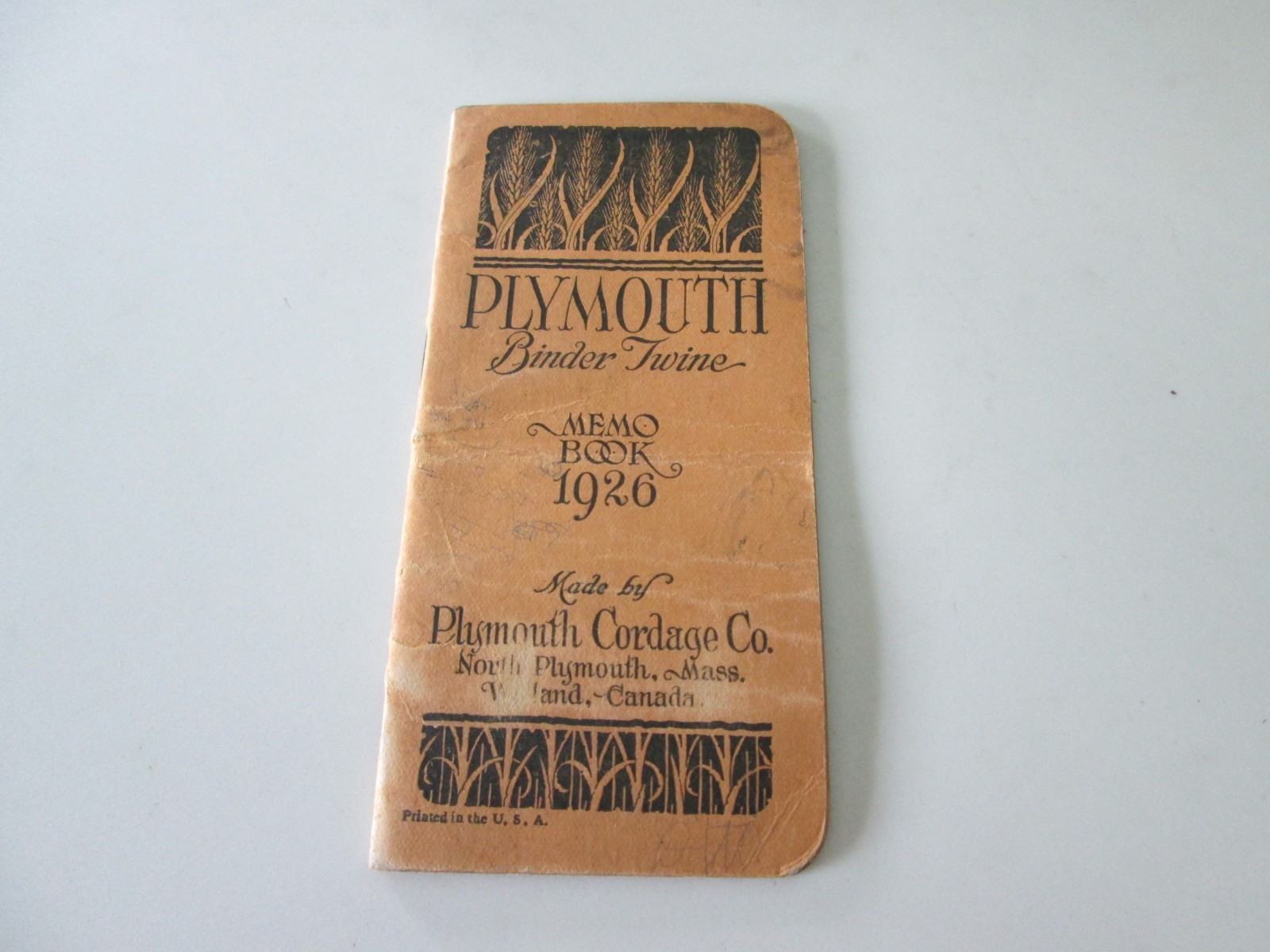 1926 Plymouth Binder Twine Memo Book Plymouth Cordage Co, N Plymouth, Mass
