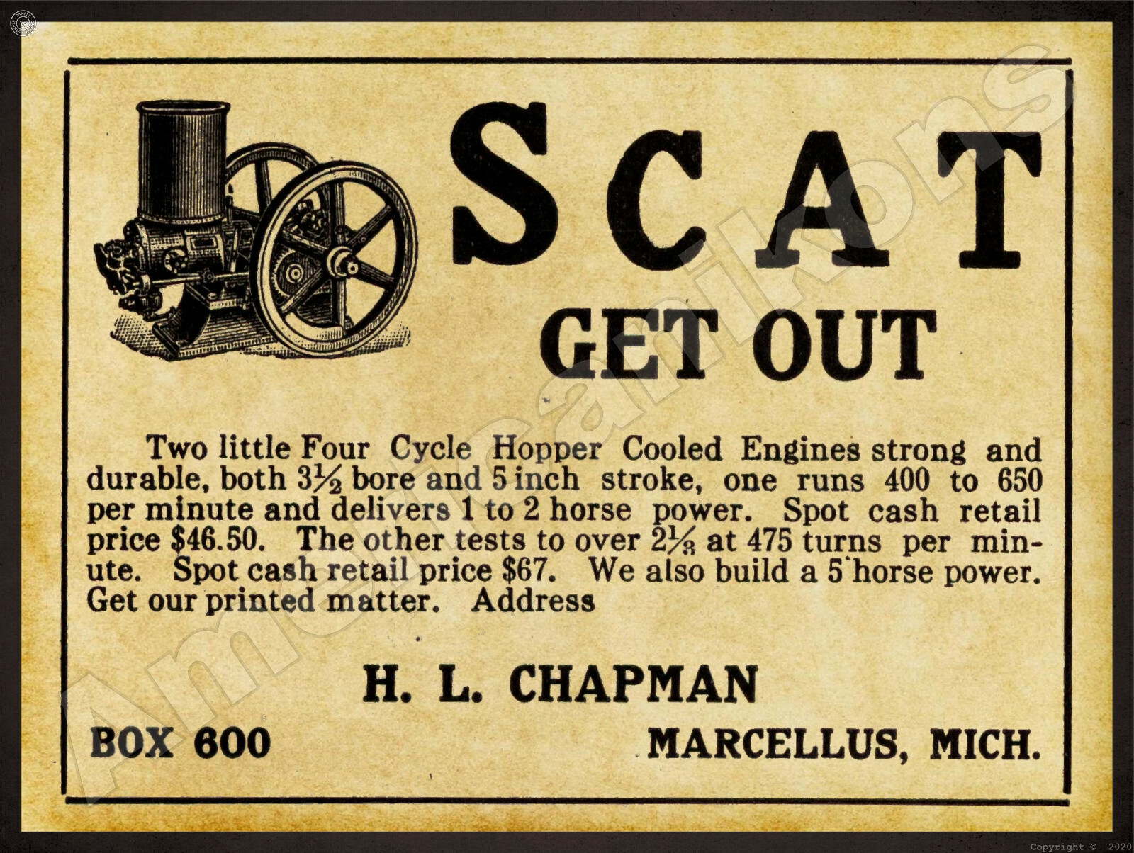 1912 H.L. Chapman 4 Cycle Gas Engines New Metal Sign: Marcellus, Michigan