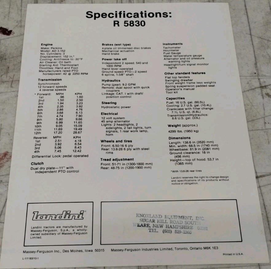 Landini R 5830 Tractor Sales Flyer – L1/1183/10-1 Massey Ferguson Co.