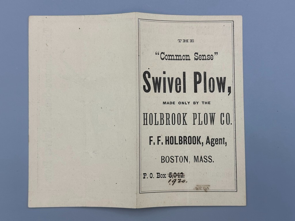 c 1900 F F HOLBROOK PLOW Common Sense Swivel Plow FARM Advertise BOSTON Brochure