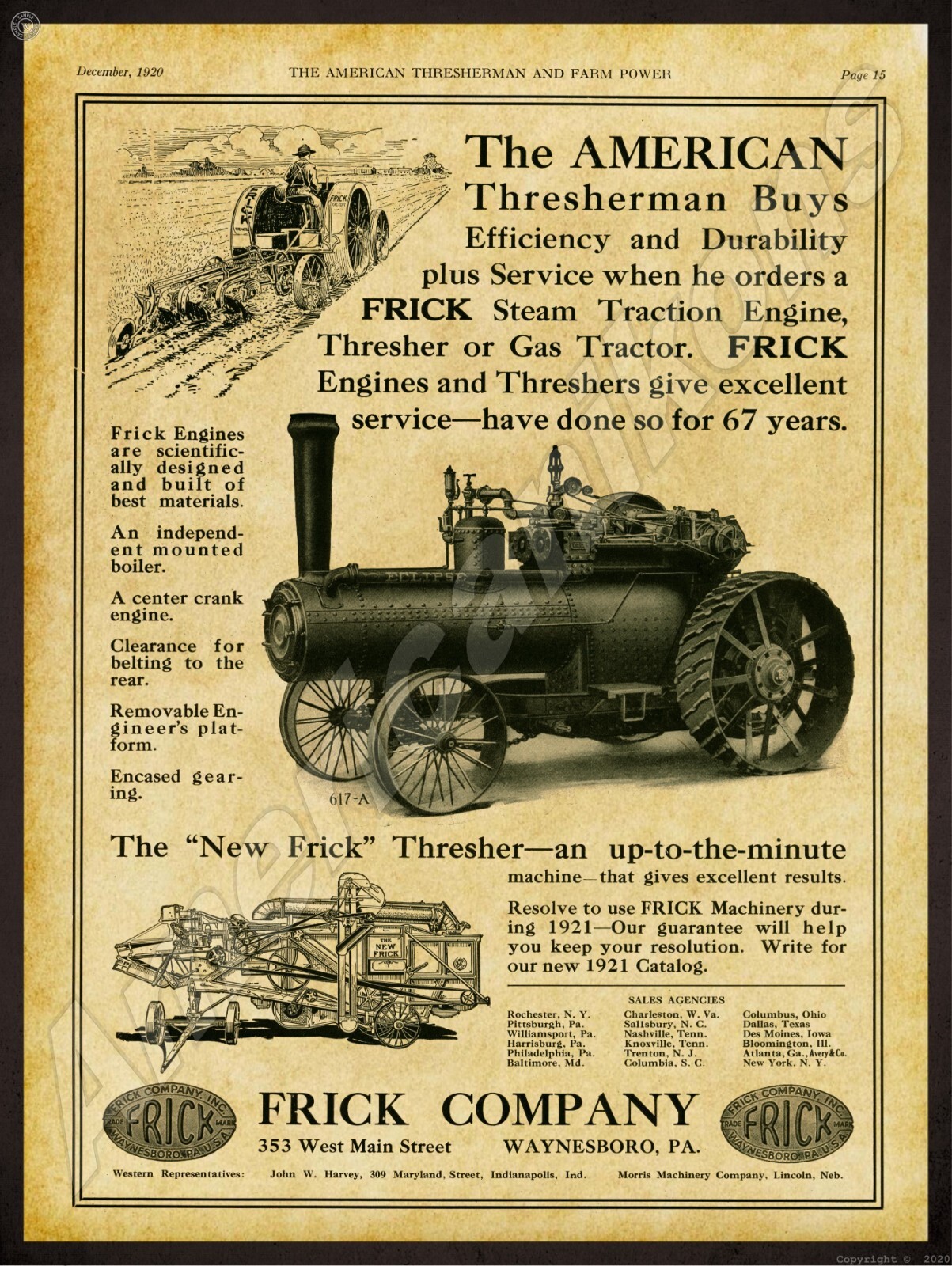 1920 Frick Steam Traction Engine NEW Sign 24&Prime;x30&Prime; USA STEEL XL Size 7 lbs