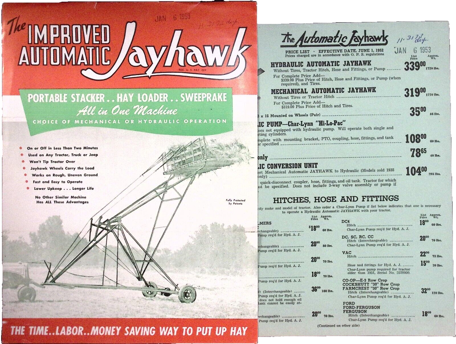 1953 Wyatt Mfg Co Improved Automatic Jayhawk Stacker Loader Sweeprake Brochure