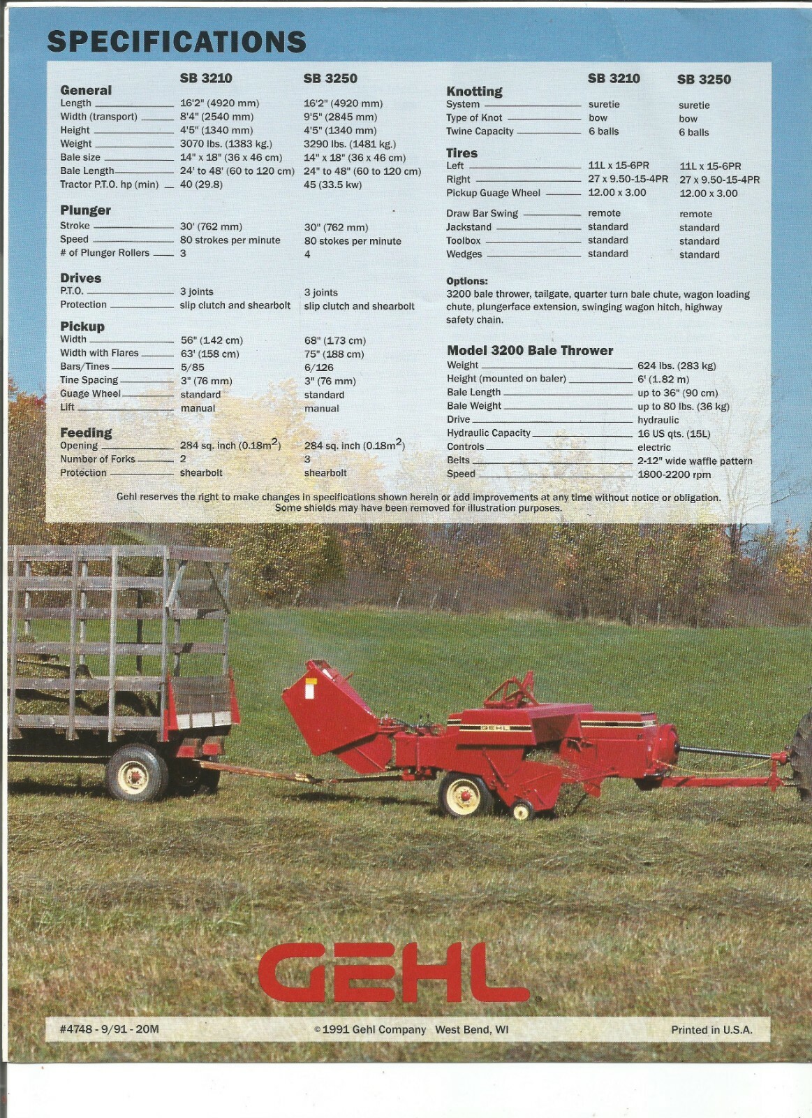 Original Gehl SB3210 SB3250 Rectangular Baler Sales Brochure Form 4748-9/91-20M
