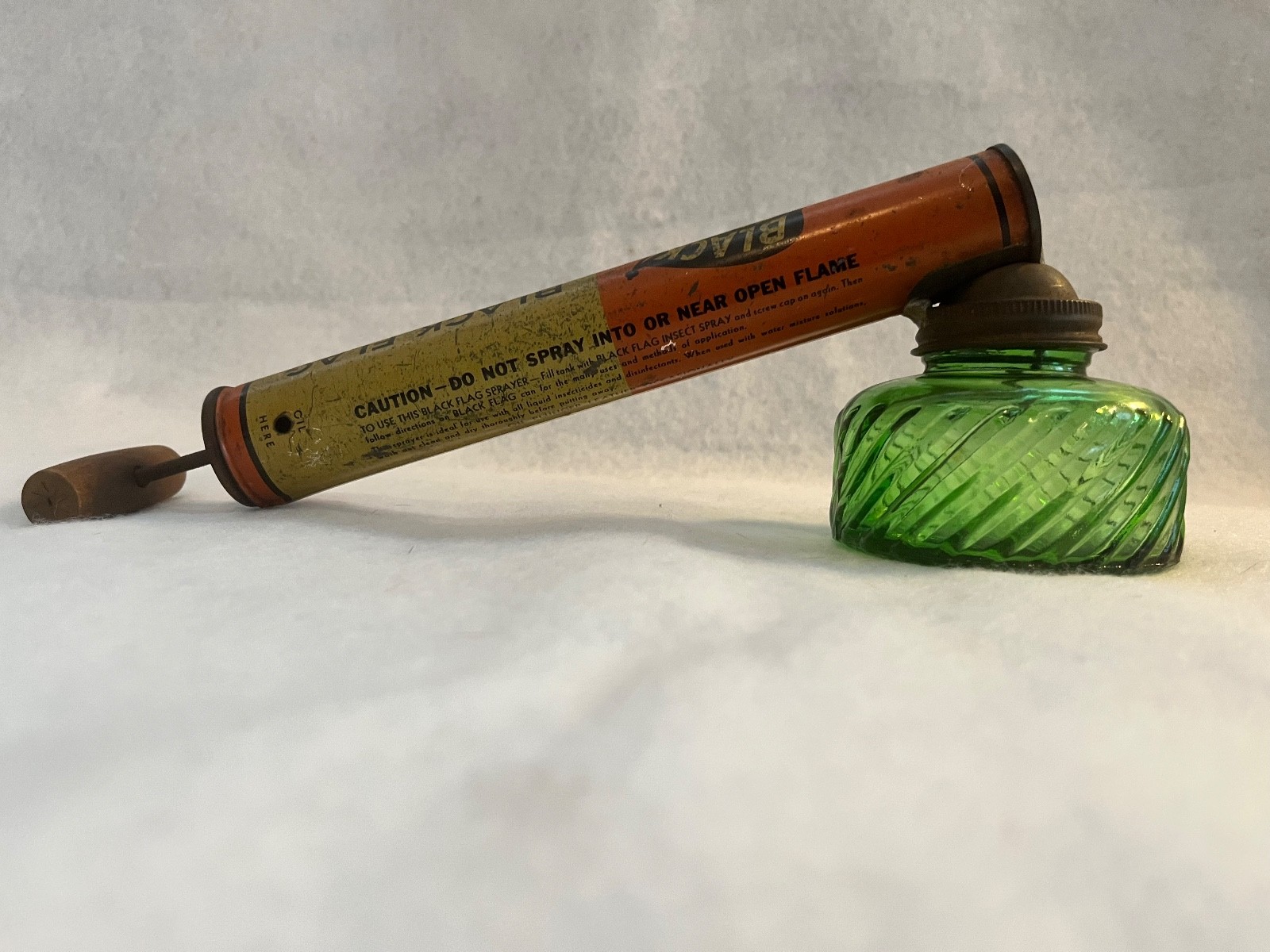 Vintage Black Flag Pump Sprayer With Green Glass Bowl